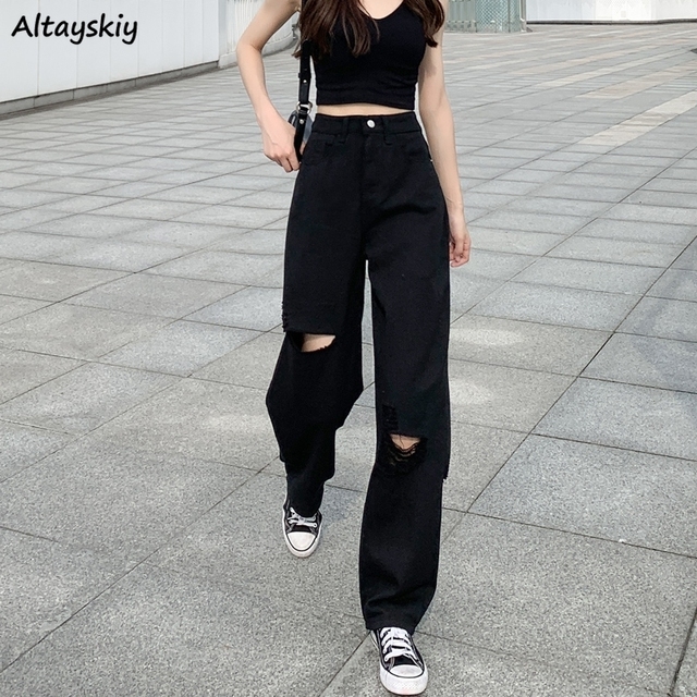Dżinsy damskie Plus Size S-5XL z dziurami i szerokimi nogawkami - Retro Streetwear Harajuku Denim - tanie ubrania i akcesoria