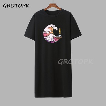 Sukienka T-shirt Harajuku w stylu japońskim z nadrukiem fal + księżyc | Czarna | Styl koreański | Estetyczna sukienka | Damska