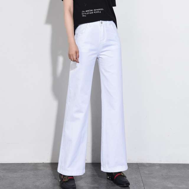 Nowe jeansy damskie typu boot-cut kolor biały, wysokiej talii, szerokie nogawki - wiosna/jesień - tanie ubrania i akcesoria