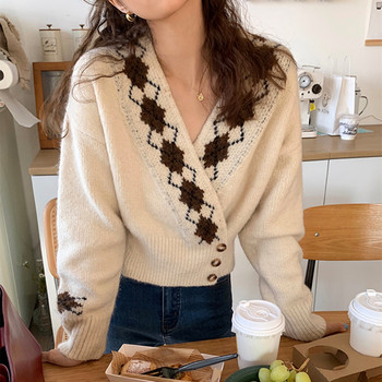 Uniwersalny beżowy sweter rozpinany z dekoltem w serek dla kobiet, wykonany z luźnej dzianiny argyle- idealny na wiosnę i jesień, szczupły krój, długi rękaw
