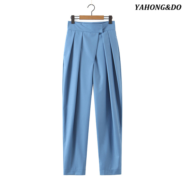 Kobiece długie spodnie z wysokim stanem, szerokie nogawki, jednolity kolor niebieski, casualowy styl, letnie spodnie do kostek - tanie ubrania i akcesoria