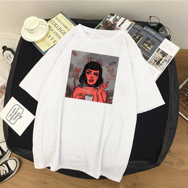 Damska koszulka z nadrukiem anioła i diabła Harajuku letnia koszulka uniseks - tanie ubrania i akcesoria