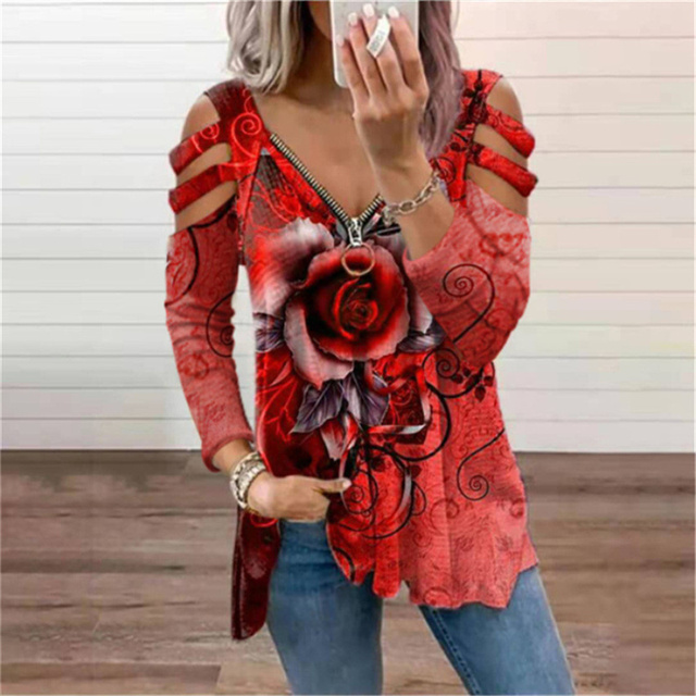 Jesienne damskie koszulki z długim rękawem i dekoltem w serek - luźny fason, nadruk róży, wysoka jakość (Plus rozmiar) - tanie ubrania i akcesoria