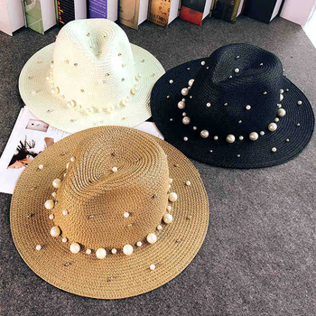 Nowoczesny letni kapelusz słoneczny z brytyjskimi perłami i płaskim frezowaniem, idealny na plażę - niezbędna ochrona przeciwsłoneczna i modny styl!
