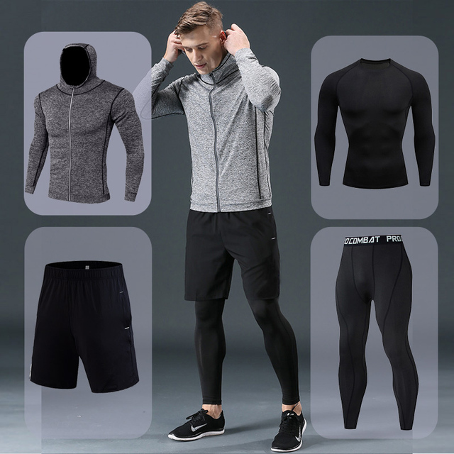 Zestaw 4 sztuk męski dres kompresyjny do siłowni i biegania, termiczne ubrania sportowe - tanie ubrania i akcesoria