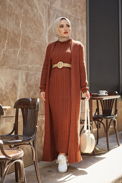 Sukienka islamska długa Abaya zimowa z połączeniem Knitting, Marocain kimono, 2 sztuki - tanie ubrania i akcesoria