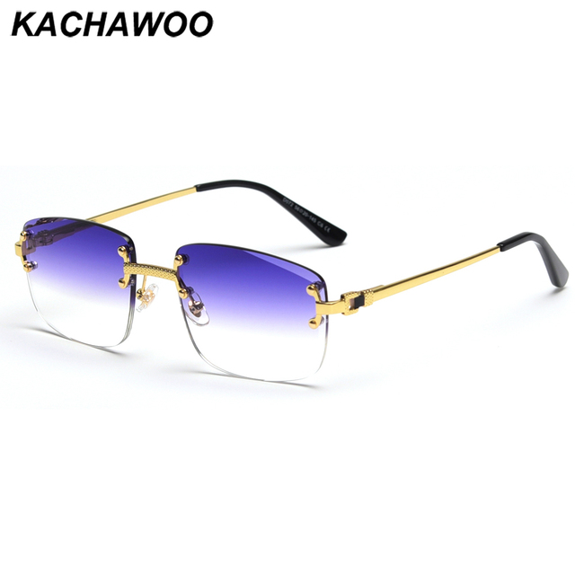 Okulary przeciwsłoneczne damskie Kachawoo kwadratowe, bez ramki, brązowe niebieski gradient, UV400, metalowe bez oprawek - tanie ubrania i akcesoria