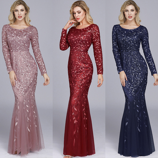 Suknia wieczorowa długa, formalna burgundowa De Soiree z cekinami - nowa kolekcja 2020, długie rękawy, styl mermaid - tanie ubrania i akcesoria