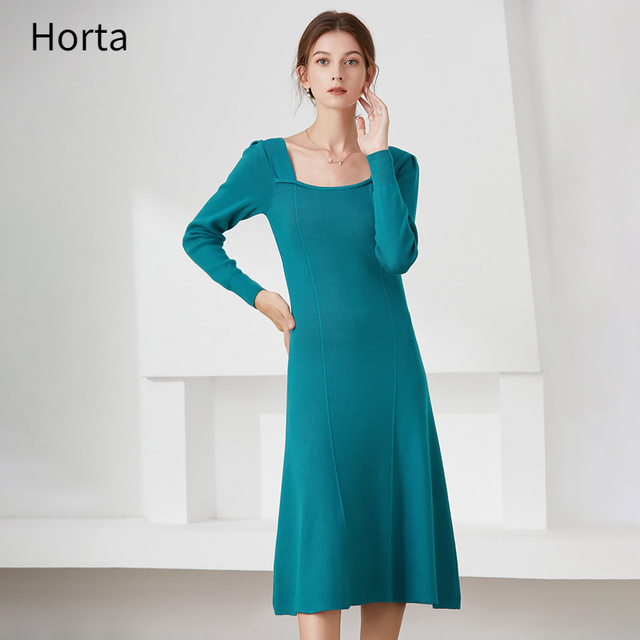 Nowa jesienno-zimowa sukienka Horta 2021 z dzianiny - elegancki francuski sweter o slim fit z kwadratowym kołnierzykiem dla kobiet - tanie ubrania i akcesoria