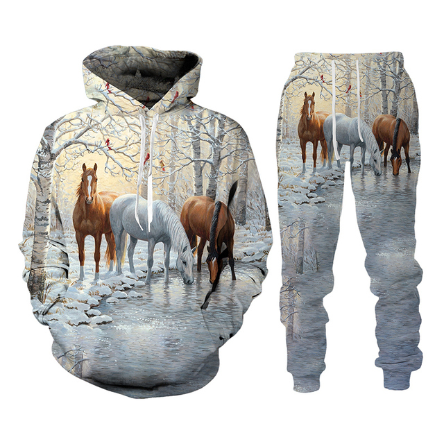 Unisex 3D Bluza z kapturem Animal Horse, spodnie z nadrukiem, dres męski w zestawie, długie rękawy, sweter z kapturem bluzy Casual męska odzież garnitur - tanie ubrania i akcesoria