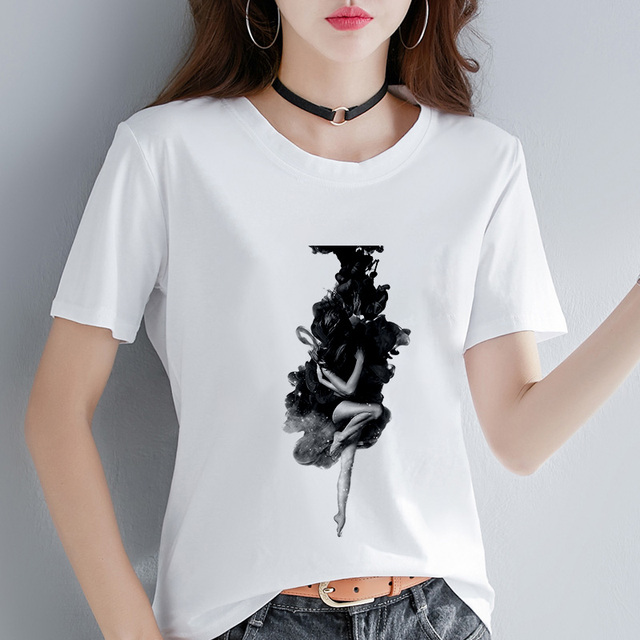 T-shirt damska z artystycznym malowidłem tuszowym, lato 2019, nowa letnia modna koszulka estetyczna Harajuku, top - tanie ubrania i akcesoria