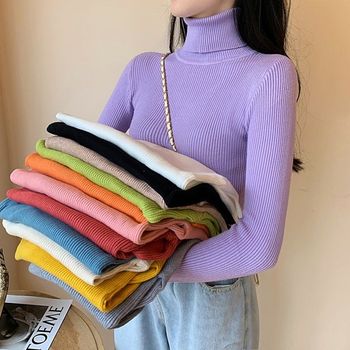 Sweter z golfem damski 2022 jesień zima, długie rękawy, slim-fit, krótki, jednolity