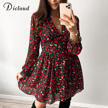 DICLOUD - Sekretnie Sexy Sukienka z kwiatowym wzorem, długie rękawy, czerwona, 2021