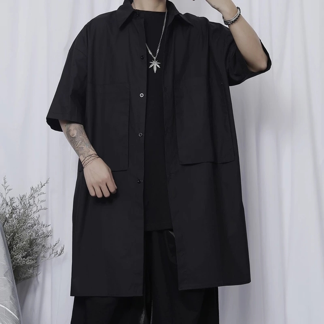 Koszula męska nieformalna z krótkim rękawem Yamamoto Style, duża kieszeń, ciemny czarny płaszcz - tanie ubrania i akcesoria