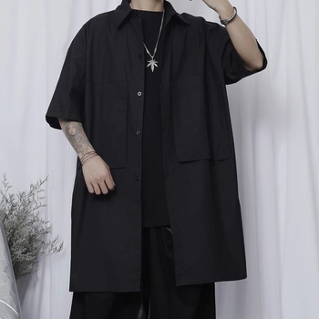 Koszula męska nieformalna z krótkim rękawem Yamamoto Style, duża kieszeń, ciemny czarny płaszcz
