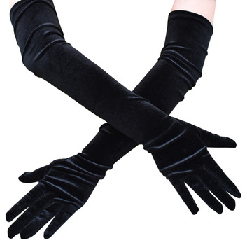 Kobiety Rękawiczki z Czarnego Aksamitu na Długie, Elastyczne Rękawy - Jesienne i Zimowe