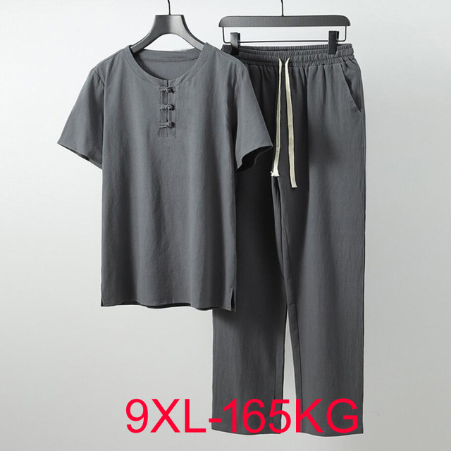 Duży letni dres męski w stylu chińskim - lniana koszulka 9XL, dwuczęściowy zestaw dla męża, idealny na lato - tanie ubrania i akcesoria