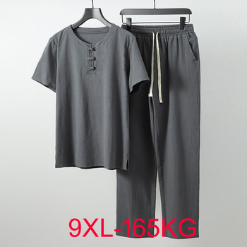 Duży letni dres męski w stylu chińskim - lniana koszulka 9XL, dwuczęściowy zestaw dla męża, idealny na lato