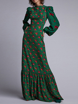 Sukienka wieczorowa z długim rękawem, zielona, z nadrukiem kwiatowym, pełnej długości
