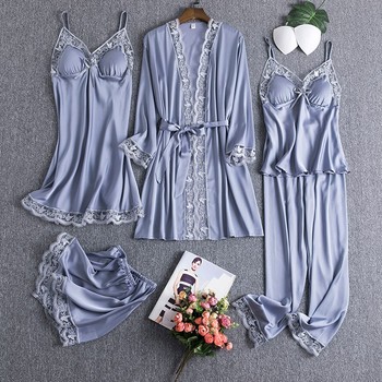 Seksowny zestaw piżam nocnych dla kobiet - Satyna, 5 sztuk, koronkowe kimono, szlafrok, sztuczny jedwab: bielizna intymna 2021