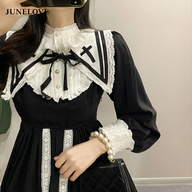 Japońska sukienka Lolita - Gothic Kawaii Midi, sznurowana Ruffles Vintage. Kotlinowa słodka sukienka kobieca w stylu koreańskim, idealna na jesień - tanie ubrania i akcesoria