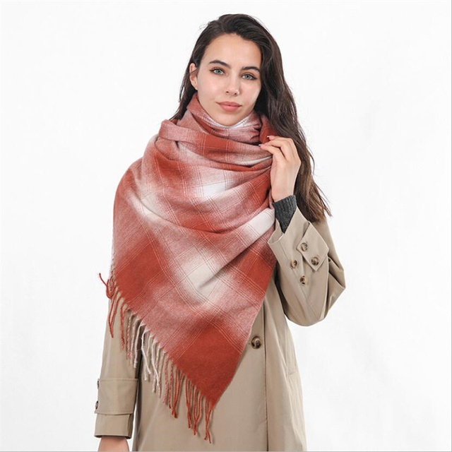 Kaszmirowy zimowy szalik damski z chwostami - Pashmina Gradient Plaid Foulard - tanie ubrania i akcesoria