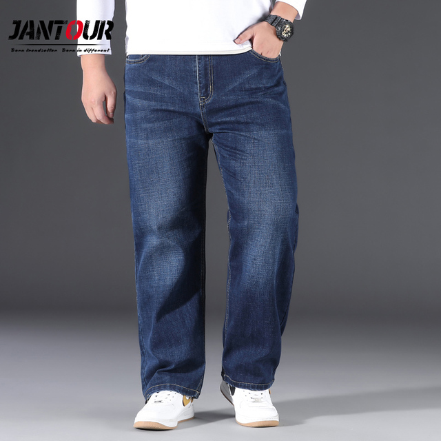 Męskie workowate dżinsy 2022 z zaawansowanym Stretchem, klasyczne, niebieskie, proste nogawki Plus rozmiar 42-44 - tanie ubrania i akcesoria