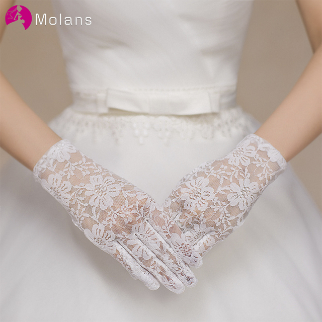 Rękawiczki ślubne Molans dla nowożeńców - satynowe, koronkowe wykończenie, kość słoniowa, długość rękawiczki na rękę, dostępne w 4 kolorach - tanie ubrania i akcesoria