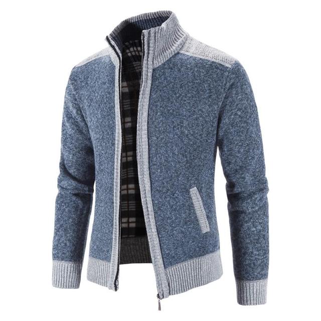 Męski sweter płaszcz z modnym patchworkiem, wykonany na drutach z grubej, ciepłej dzianiny - Slim Fit, stojący kołnierz - tanie ubrania i akcesoria