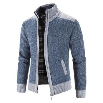 Męski sweter płaszcz z modnym patchworkiem, wykonany na drutach z grubej, ciepłej dzianiny - Slim Fit, stojący kołnierz