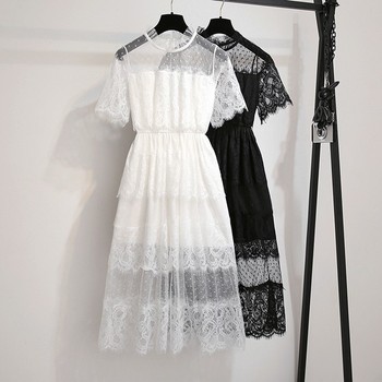 Kobieca sukienka MIDI z koronkowymi haftami i krótkimi rękawami, elastyczny pas, elegancki styl casual, lato 2020