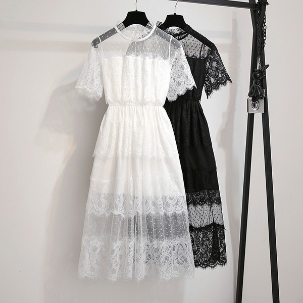Kobieca sukienka MIDI z koronkowymi haftami i krótkimi rękawami, elastyczny pas, elegancki styl casual, lato 2020 - tanie ubrania i akcesoria