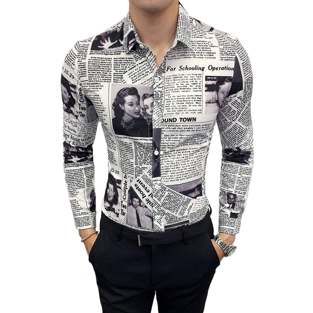 Męska koszula z długim rękawem wiosenna/jesienna - nowa kolekcja 2019 - rozmiary M-5XL - print gazety - casual, trendy, nieformalna - tanie ubrania i akcesoria