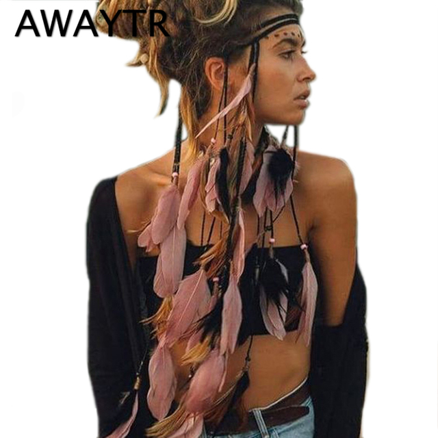 Opaska z piórami AWAYTR lina korona dla kobiet - damska opaska na festiwale i do plażowania z letnim motywem stroików - tanie ubrania i akcesoria