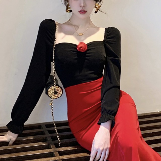 Elegancka sukienka Vintage Bodycon francuska w stylu retro. Suknia Patchwork Korea Chic na zimowy wieczór 2021 - tanie ubrania i akcesoria