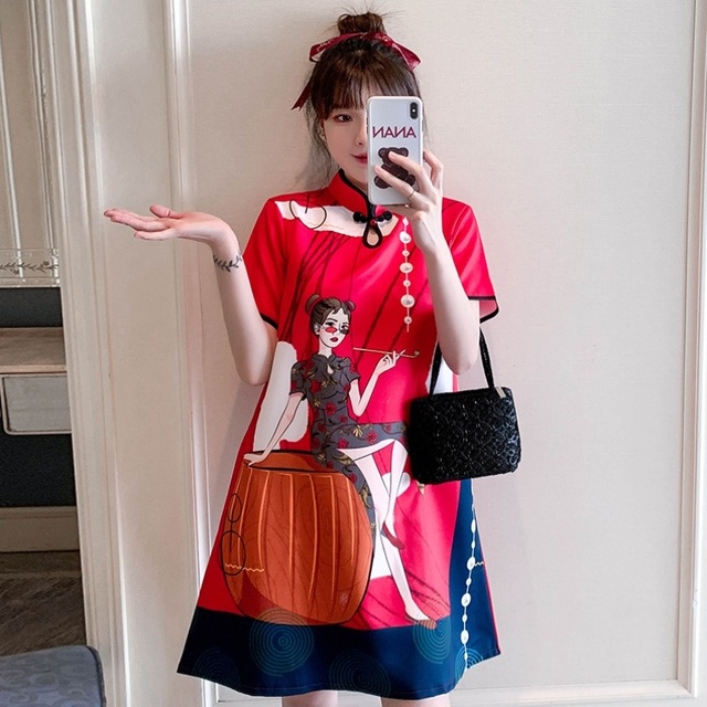 Nowa czerwona sukienka Qipao w stylu narodowym, z nadrukiem kwiatowym, na lato 2022. Elegancka i luźna sukienka chińska w modnym stylu Cheongsam - tanie ubrania i akcesoria