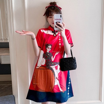 Nowa czerwona sukienka Qipao w stylu narodowym, z nadrukiem kwiatowym, na lato 2022. Elegancka i luźna sukienka chińska w modnym stylu Cheongsam