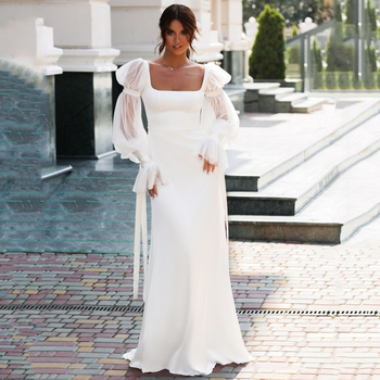 Elegancka sukienka ślubna syrenka z długim rękawem - satynowa, plażowa, z bufką i kwadratowym kołnierzykiem - Custom Made