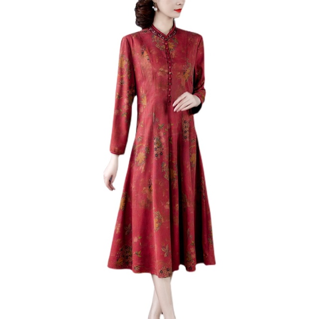 Suknia jedwabna z długim rękawem, wzór chiński – kolekcja wiosna/jesień 2021 - tanie ubrania i akcesoria