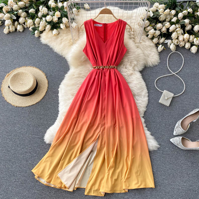 Elegancka sukienka letnia długa z rozcięciem, bez rękawów, ze łańcuszkiem - Gradientowy wzór 2021 - tanie ubrania i akcesoria