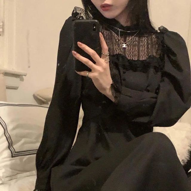 Gothic Sukienka Damska Koronkowa z Długim Rękawem Midi 2021 Wiosna - Elegantka Wieczorowa - tanie ubrania i akcesoria