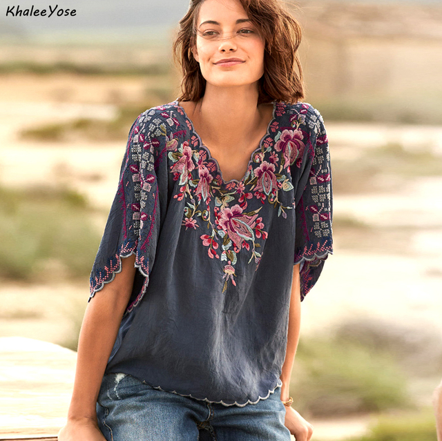 Bluzka Vintage Chic z kwiatowymi haftami Khalee Yose - Meksykańska koszula jesienią - Rozmiar 2XL-3XL - tanie ubrania i akcesoria