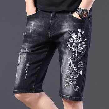Męskie jeansowe letnie szorty haftowane wzorem smoka, luźne i rozciągliwe w stylu casual, kolor czarny