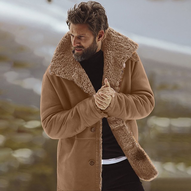 Męska kurtka zimowa z wełny, gruba, ciepła, z długim rękawem i futrem podszyta wełną, luźna, płaszcz #40 - tanie ubrania i akcesoria