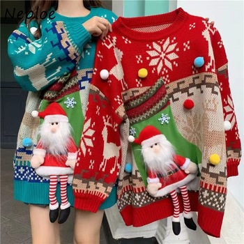 Neploe 2021 - Zima - Damski Sweter Świąteczny z Świętym Mikołajem - Luźny Fason - Gruba Dzianina