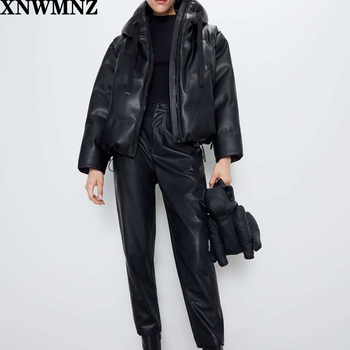 Czarne futerko faux skórzana kurtka ponadgabarytowa zimowa dla kobiet z kapturem - wysoka jakość