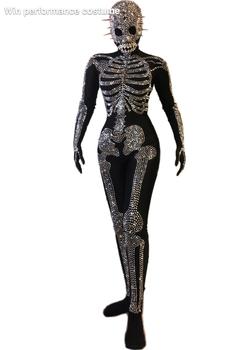 Halloween strój piosenkarki - body, blaskujący kostium z motywem strasznego szkieletu do występów, imprez i cosplayu dla dorosłych z nadrukiem Rhinestone
