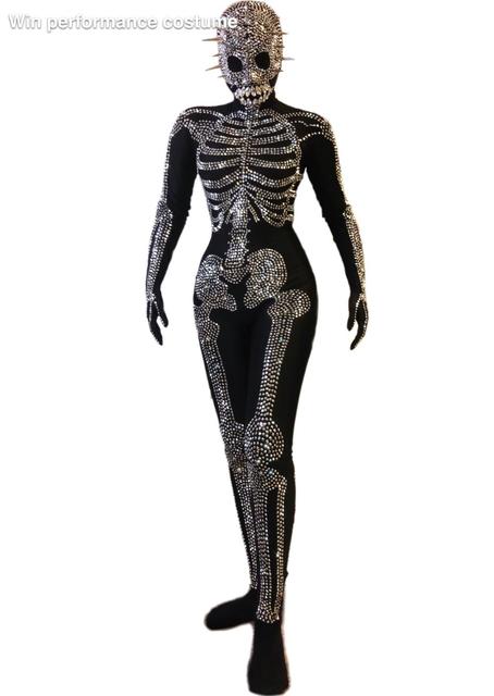 Halloween strój piosenkarki - body, blaskujący kostium z motywem strasznego szkieletu do występów, imprez i cosplayu dla dorosłych z nadrukiem Rhinestone - tanie ubrania i akcesoria