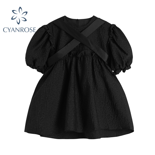 Bufiasta sukienka Mini w koreańskim stylu, czarna, na lato 2021 Vintage - tanie ubrania i akcesoria