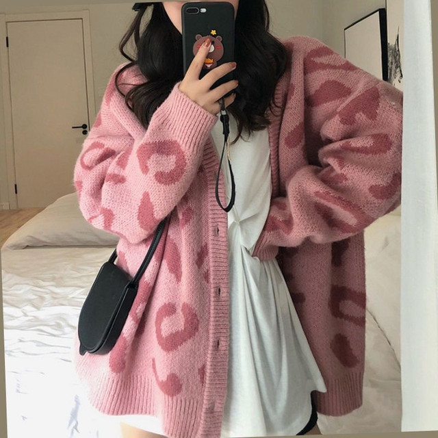 Sweter damski rozpinany w stylu koreańskim - jesienny, różowy, z motywem leoparda, dekolt w serek, długi rękaw, luźny płaszcz - Pull Femme - tanie ubrania i akcesoria